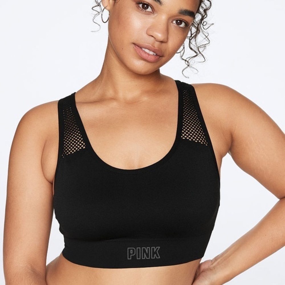 Pink Sport Lightly Lined Seamless Black Racerback Bra Size Small